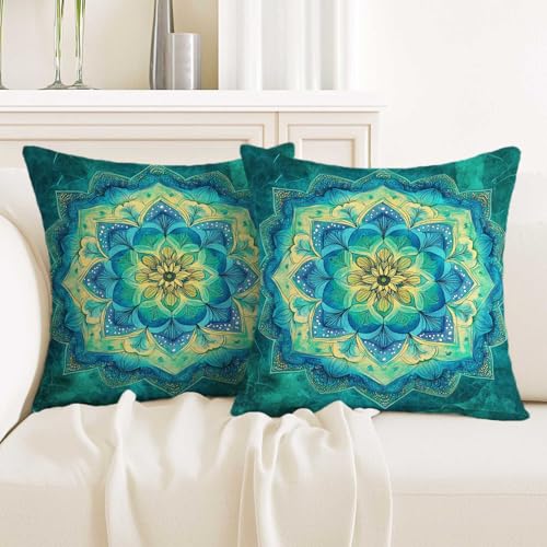 ZwenPdoe Teal Mandala Throw Pillow Covers 18x18 Set of 2 | Boho Decorative Cushion Covers with Hidden Zipper | Blue Green Medallion Pillowcases for Couch Sofa Bed Living Room Home Decor