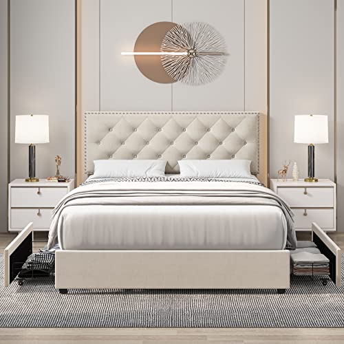 Hostack Full Size Bed Frame With 4 Storage Drawers, Modern Upholstered Platform Bed With Adjustable Headboard,Button Tufted Bed Frame With Wood Slat Support,No Box Spring Needed(Beige, Full) #TOP2