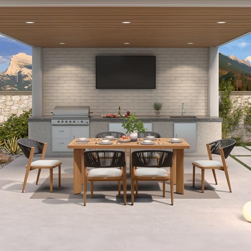 Image of PURPLE LEAF Outdoor Dining Set for 6 with HPL Table and Chairs Modern Teak