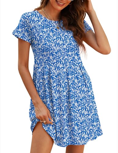 Naggoo Summer Sundress for Women Mini Skater A-Ling Casual Dress Short Sleeve Dresses with Pockets Blue XXL