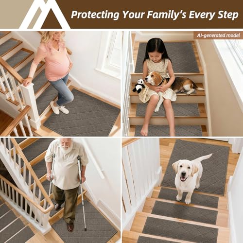 Image of COSY HOMEER Stair Landing Rugs Non-Slip Corner Indoor Edging Stair Treads for Wooden Steps,Washable Soft Stair Landing Mat for Kids,Elder and Dogs,Polyester,TPE Backing,Light Brown,30x30inch