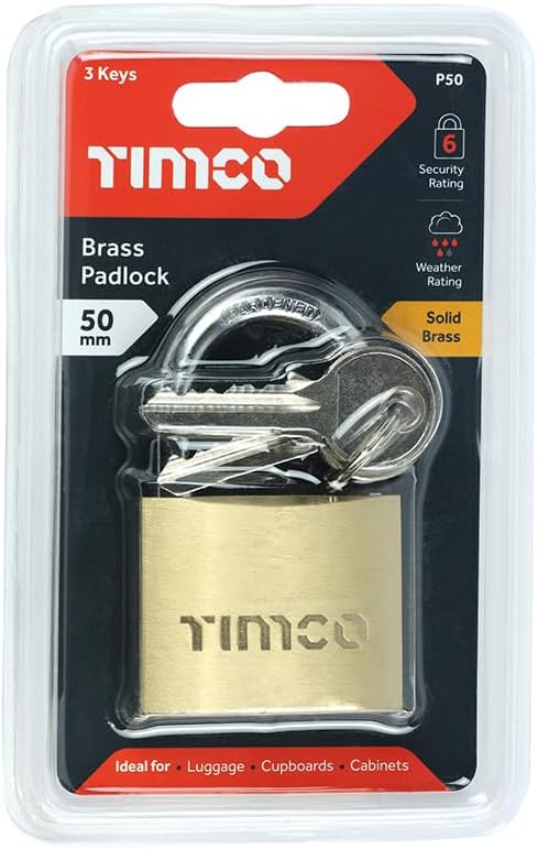 TIMCO P50 Brass Padlock-Ideal for luggage-cabinets-sheds-gates-50mm, 50mm
