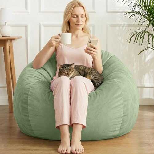 Image of Stuffed Animal Storage Bean Bag Chair Cover for Adults (No Filler), Soft Comfy Velvet Beanbag Chair Cover Machine Washable, Adults Bean Bag Chair with Handle for Living Room Bedroom, Green