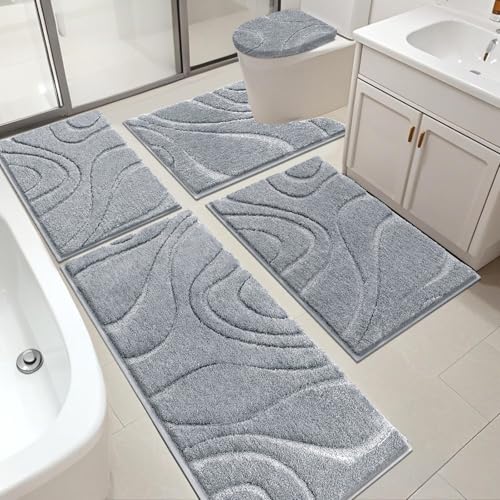 HEBE Bathroom Rugs Sets 5 Piece Soft Absorbent Microfiber Bath Mat for Bathroom Non Slip Washable Bath Rug Set with Toilet Cover Bath Runner and U-Shaped Contour Toilet Rug Light Grey