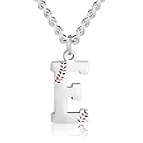 Baseball Initial A-Z Letter Necklace - Men's Baseball Charm Pendant in Stainless Steel Silver Chain, 22inch Personalized Gift
