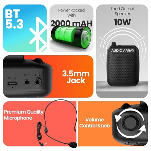 Image of Audio Array Wired Voice Amplifier for Teachers 2026 Edition | Bluetooth 5.3 | Mic for Teaching with 10W Speaker, Tour Guides | 10Hrs Battery Life |1 Click Monitoring | TWS Connectivity AM-W47 Wired