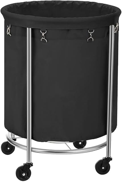 SONGMICS RLS001B01 Laundry Sorter, Laundry Basket on Wheels, 170 Litre Round Laundry Bin with Steel Frame, Removable Laundry Bag and 4 Wheels (2 with Brakes), Black/Silver
