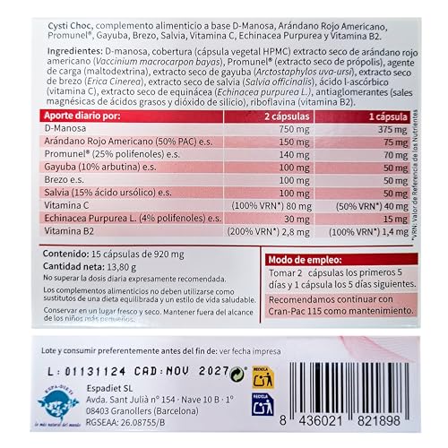 Espadiet Cysti Choc – Capsulas de Arandano Rojo para Cistitis– Salud Urinaria con D-Manosa, Arándano Rojo Americano, Promunel, Gayuba, Brezo, Salvia, Vitamina C y B2, Equinácea – 15 Cápsulas