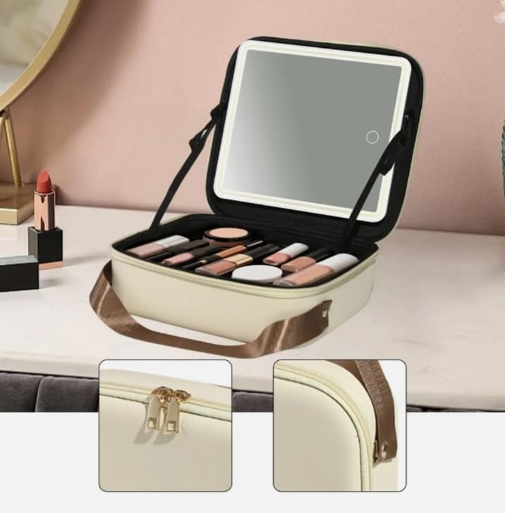 CHIDDHAN Premium PU Leather Cosmetic Travel Bag for Women, Cream Makeup Organizer Case with Dual Zipper & Sturdy Handle, Portable Vanity Storage Box 1