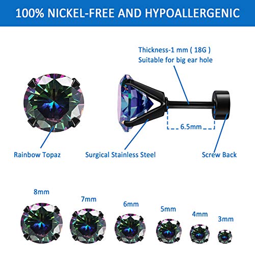 Black Stud Earrings Set Rainbow Topaz 3/4/5/6/7/8Mm 316L Stainless Steel Earrings For Women Men Barbell Stud Ear Jewelry (4 Prong- Black 18 Gauge) #TOP5