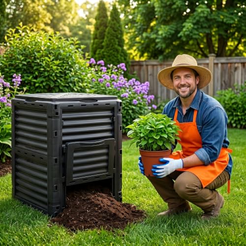 Image of JupiterForce Garden Compost Bin 80 Gallon (300 L) from BPA Free Material, Classic Compost bin by Easy Assembling, Large Capacity, Fast Creation of Fertile Soil, Household Waste Saver, Black