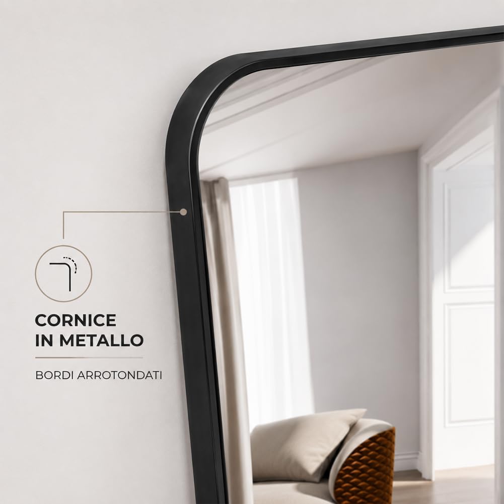 Shally Dogan Specchio da Terra e da Muro Rettangolare, Stand Autoportante Indipendente e da Parete, Decorazione Interna, Design Minimal, Figura Intera e Cornice in Alluminio, 155 x 45 cm, Nero