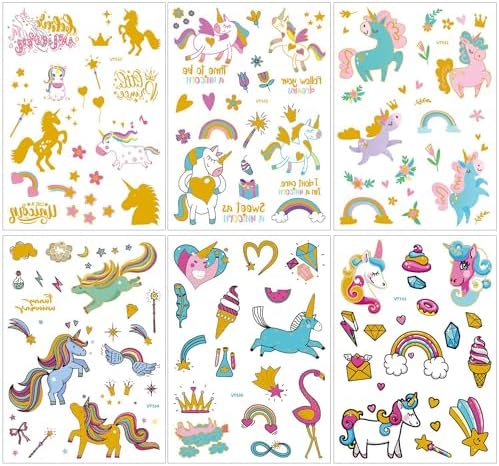 Unicorn Party Supplies Temporary Tattoos - Glitter Unicorn Birthday Party Favors, Cute animated unicorn + Halloween Easter Makeup (6 Sheet)