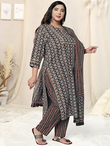 Image of MIRCHI FASHION Plus Size Pure Cotton Kurta Set for Women | 3 Piece Printed Straight Fit 4XL 5XL Kurta Pant Set with Dupatta | Ethnic Work Wear Set | 3XL 4XL 5XL Salwar Suit