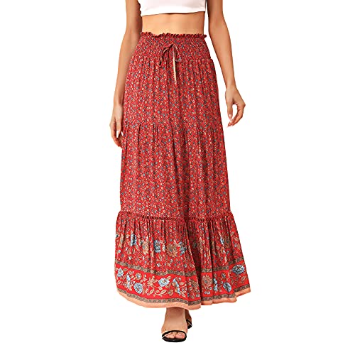 Durio Boho Skirts for Women High Waisted Maxi Skirts for Women Long Floral Skirt for Summer Red S