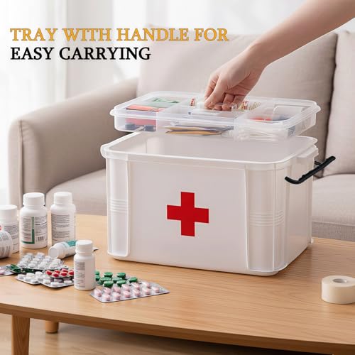 Image of 2 Pack Clear Medicine Organizer Box with Handle, Plastic Medicine Container with Tray First Aid Box Empty, Thickened Medicine Storage Organizer Multipurpose Medication Organizer Storage, White