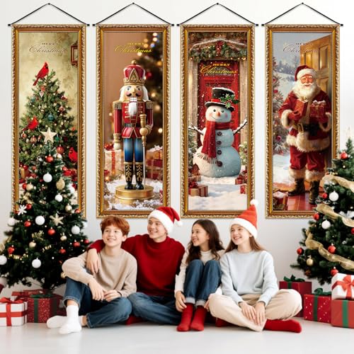 Image of Panelee 4 Pcs Christmas Porch Banners Snowman Santa Nutcracker Xmas Tree Stretching Portraits Wall Decorations Christmas Porch Sign Backdrop for Xmas Indoor Outdoor Wall Hanging Decor