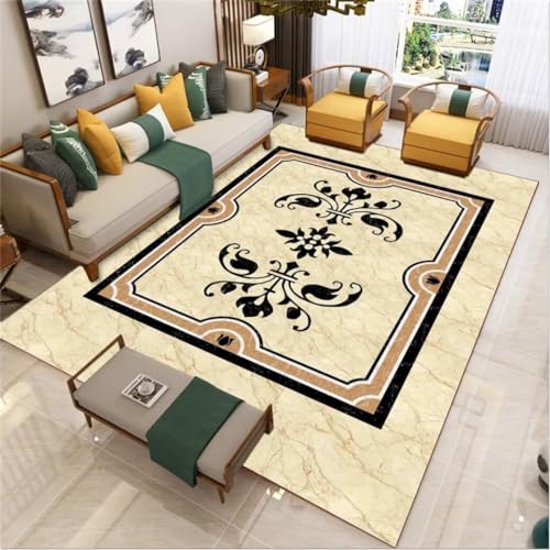 Tapis salon pas cher 200x200cm lavable à motif imprimé jaune