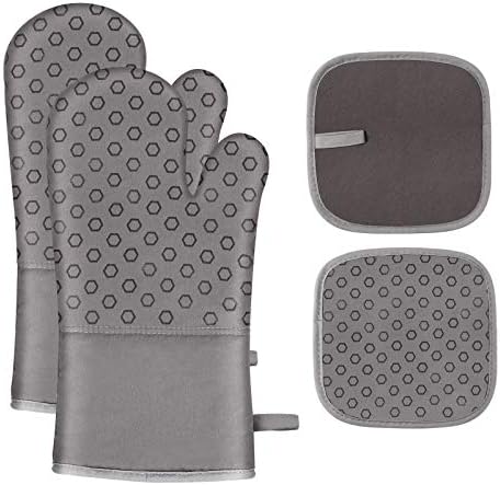 Chrider Oven Mitts and Pot Holders 4pcs Set, 500°F Heat Resistant Non-Slip Silicone Cooking Gloves, Soft Cotton Lining with Non-Slip Silicone Surface for Kitchen, Cooking, Baking