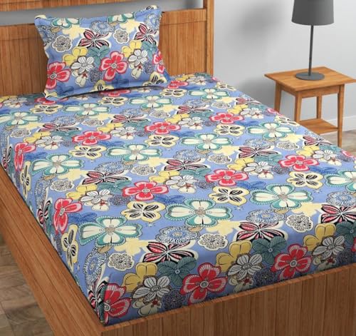 Image of Cotton 210 tc Flat Single | Diwan | Single Mattress Coat Bed Bedsheets for Summer Winter Breathable | Wrinkle Free (Size-60 X 90 Inch) with 1 Pillow Cover 60 x 90 Inches, Floral, Grey Pink