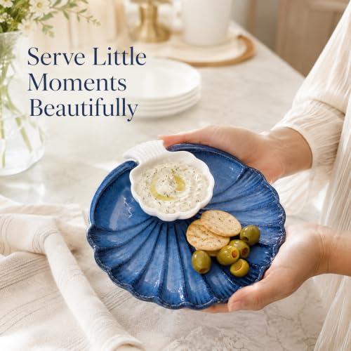 Image of The Earth Store Blue Sea Shell Ceramic Platter - Microwave & Dishwasher Safe Serving Platter Ceramic | Platter Plates for Serving Snacks, Appetizers & Desserts for Home, Cafes & Restaurants