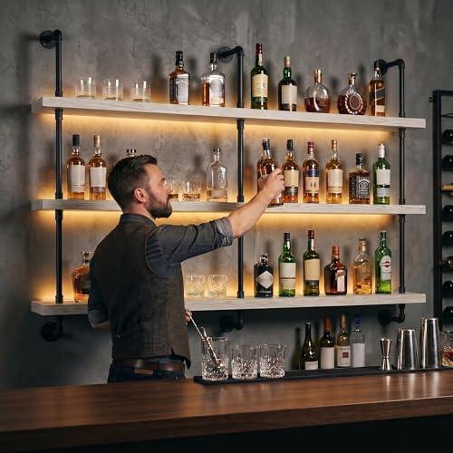 Image of HOUSESET 36 /48 /60 /72 /84in Wine Wall Rack with Led Lights, 3-Tiers Modern Pipe Liquor Bottle Display Shelf, Bar Shelves Wall Mounted for Commercial Bar, Restaurant, Home
