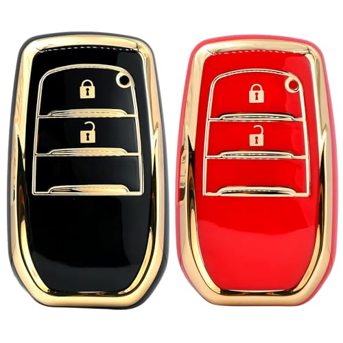 Image of KMH TPU Gold Car Smart Key Cover Compatible for Toyota Innova Crysta 2 Push Button Smart Flip Key Shell Case Holder, Full Key Protection with Keychain (Black Gold) Pack of 2