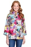 Ali Miles Woven Button Front Jacket Stand Collar Three Quarters Sleeves, Multi, L