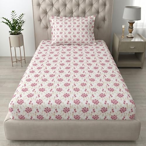 Image of Mafatlal 186 TC Grace Cotton Bedsheet for Single Bed | 90 x 60 Inch | Soft, Breathable & Durable Pure Cotton Fabric | Includes Pillow Cover | Rose Pink