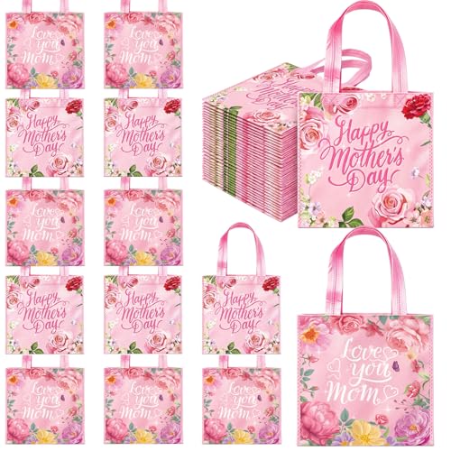MtnBuzin Mothers Day Tote Gift Bags with Handles 20Pcs Bulk Floral Non Woven Treat Goodie Bags Reusable Love Mom Party Favors Gift Wrapping for Happy Mothers Day Birthday Party Supplies