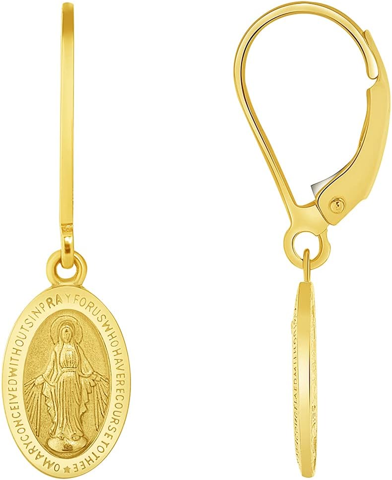 Solid 14k Yellow Gold Classic Miraculous Medallion of the Virgin Mary Dangle Drop Earrings with Leverback