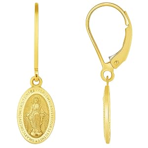 Solid 14k Yellow Gold Classic Miraculous Medallion of the Virgin Mary Dangle Drop Earrings with Leverback