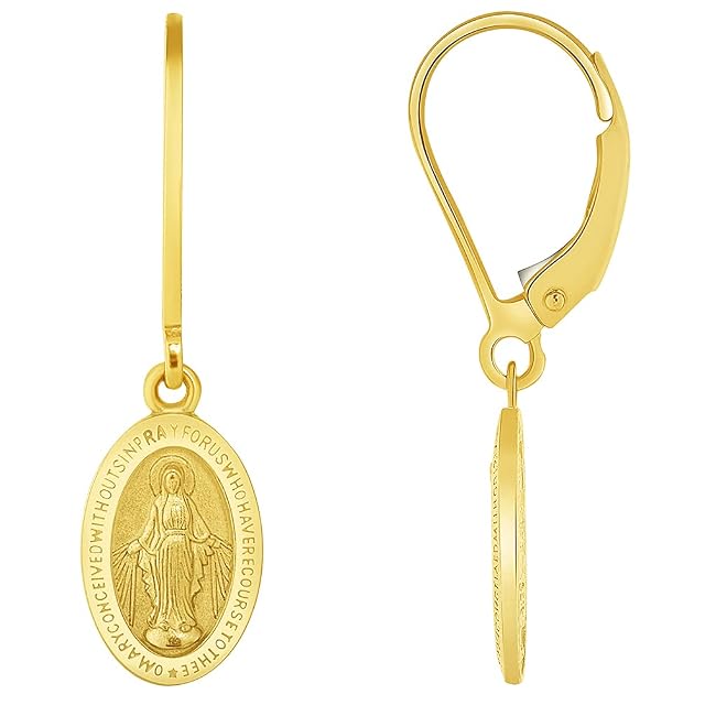 Solid 14k Yellow Gold Classic Miraculous Medallion of the Virgin Mary Dangle Drop Earrings with Leverback