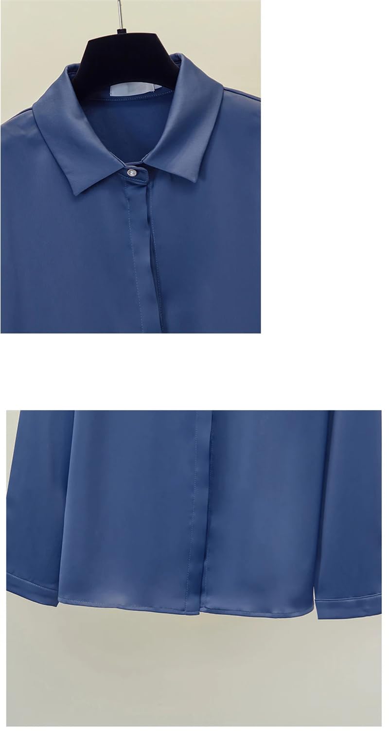 Blusas de satén para mujer, cuello en V, color liso, camisas de manga larga blancas