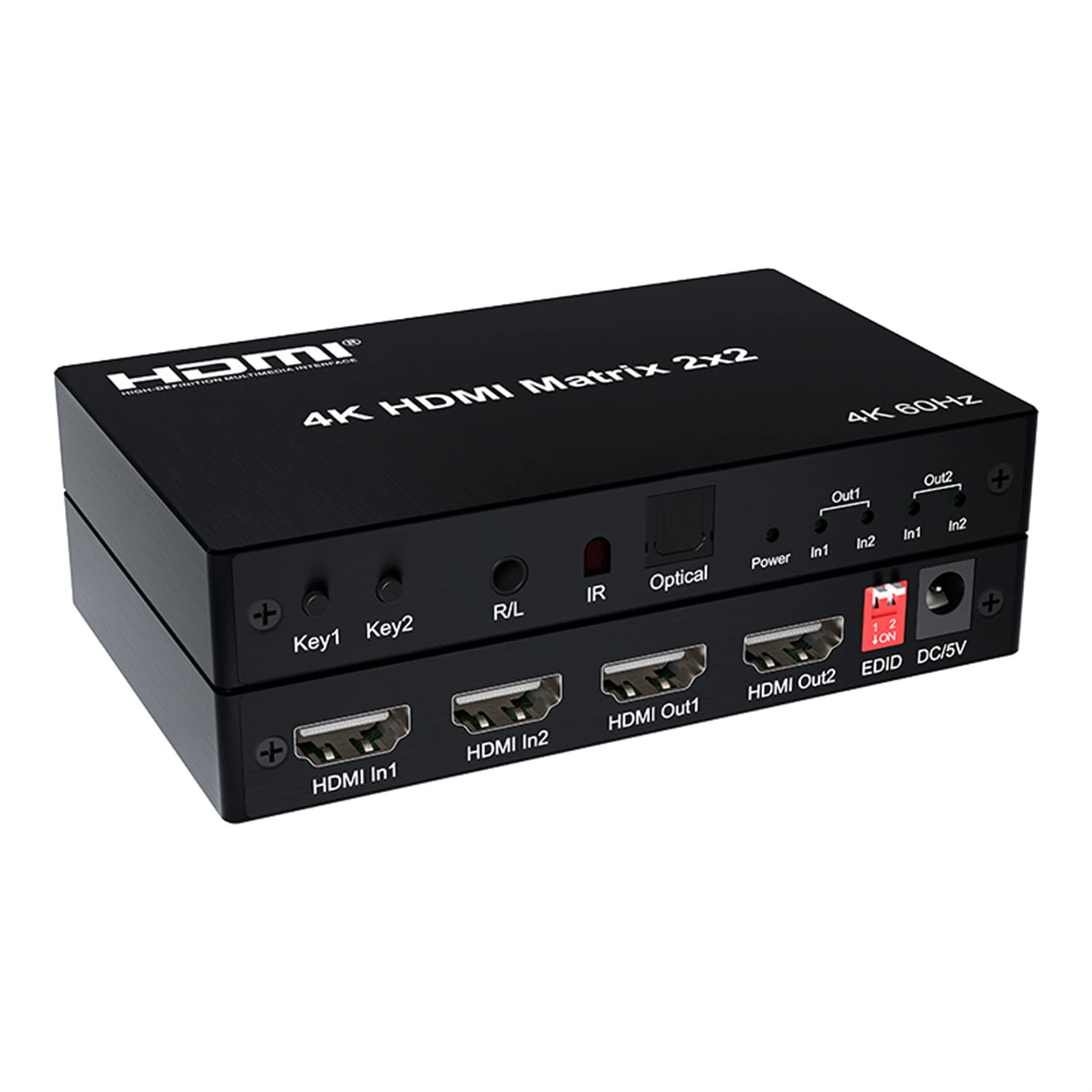 Matriz HDMI 4K 2x2, conmutador de matriz HDMI 4K 60Hz 2 en 2 salidas Matrix HDMI convertidor divisor con EDID óptico para Dolby PC PS4 a monitor de TV
