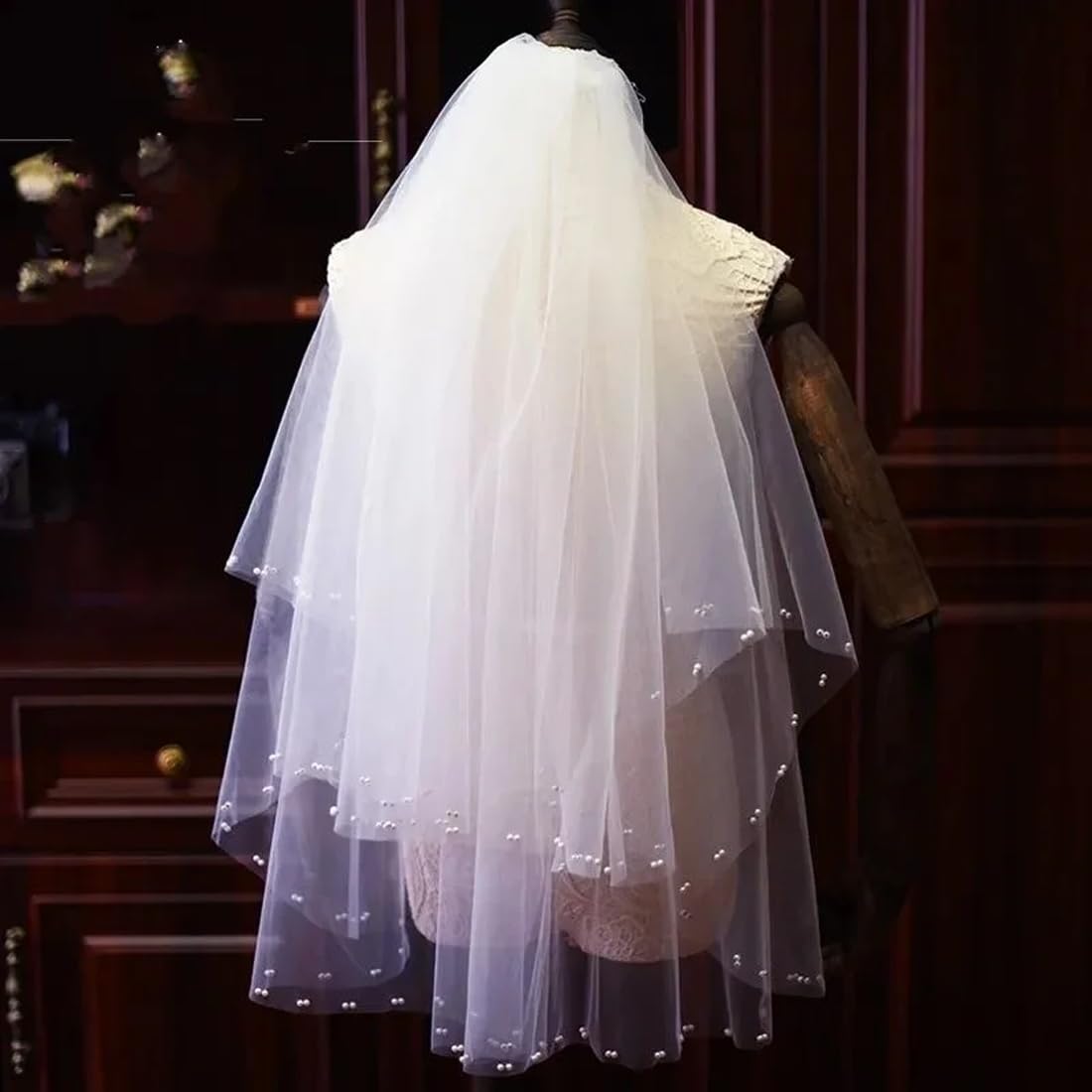 Voile De Mariée Double Avec Perles Et Peigne Fixe - Longueur 60-80 Cm - Tulle Polyester - Pour Mariage Et Photos