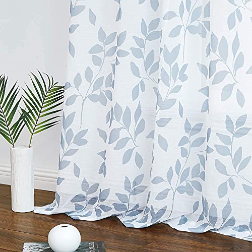 Image of Blue Leaves White Sheer Curtains for Living Room Bedroom 95 inches Long Filter Light Modern Botanical Print Drapes Semi Sheer Linen Textured Curtain Panels for Yard Patio Basement Laundry Room 2pcs