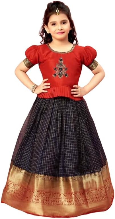 Mirraw Kids, Red Art Silk Jecquard South Indian Style Pavdai Pattu Lehenga Choli for Kids, from 2-14 Years