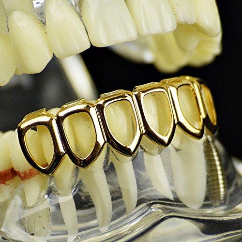 14K Gold Plated Open Face Grillz Six Tooth Lower Row Bottom Teeth Hip Hop Mouth Grills #TOP23