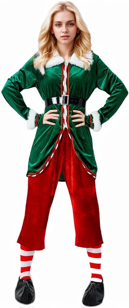 Christmas Elf Costume,6 Piece unisex Elf clothing Suit,Cosplay Party Costume,Adult Santa Outfit Xmas Holiday Party
