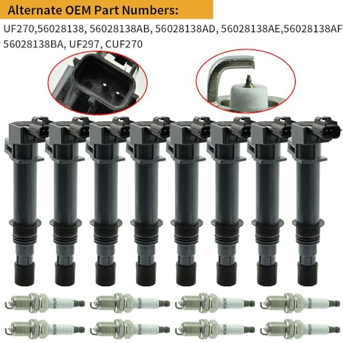 Image of Set of 8 UF270 Ignition Coil with Iridium Spark Plug Compatible with 2000 2001 2002 2003 2004 2005 2006 2007 Dodge Durango Ram Jeep Mitsubishi Grand Cherokee Commander Nitro Dakota 3.7L E593C, E509D