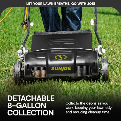Sun Joe Electric Lawn Dethatcher & Scarifier with 8-Gal Bag, 12 Amp, 12.6 Inch, Black - Heavy Duty Gardening Machine and Equipment for Lawn, Yard, and Grass, AJ801E