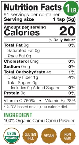 HerbaZest Camu Camu Powder Organic - 1 Full LB - USDA Certified, Vegan & Gluten Free Superfood - Perfect for Smoothies, Juices & More