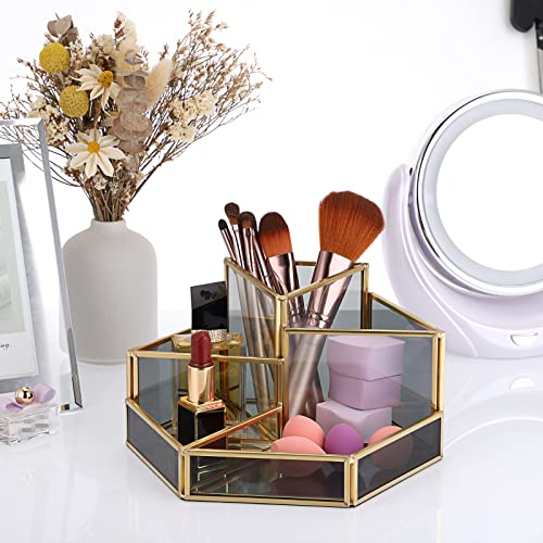 Elldoo Multi-Functional Geometric Triangle Makeup Brush Holder, Gold Clear Black Glass Composite Hexagon Tray Jewery Organizer Nail Polish Skincare Perfume Lipstick Holder Storage For Dresser Bedroom #TOP3