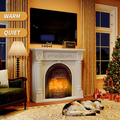 Image of 45 Inch Electric Fireplace with Mantel, Solid Wood Fireplace TV Stand, Roman Column Fireplace Entertainment Center, Electric Fireplace Heater with Bronze Birdcage Insert for Living Room, White