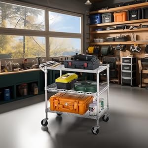 Finnhomy 3 Tier Heavy Duty Commercial Grade Utility Cart, Wire Rolling Cart with Handle Bar, Steel Service Cart with Wheels, Utility Shelf Plant Display Shelf Food Storage Trolley, NSF Listed Finnhomy 3 Tier Heavy Duty Commercial Grade Utility Cart Wire Rolling Cart with Handle Bar Steel Service Cart with Wheels Utility Shelf Plant Display Shelf Food Storage Trolley NSF Listed