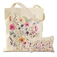 🌷【Canvas Tote Bag with Zipper】: This canvas tote bag is equipped with a metal zipper. The zipper of the main compartment prevents spills and provides anti-theft protection. The tote bag and flower tote bags for women matching makeup bag small inner z...