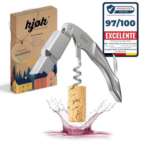 kjøk Premium Sacacorchos de camarero de acero inoxidable macizo cepillado con cortacápsulas, elegante utensilio con cuchillo de sumiller, abridor de vino, abrebotellas profesional