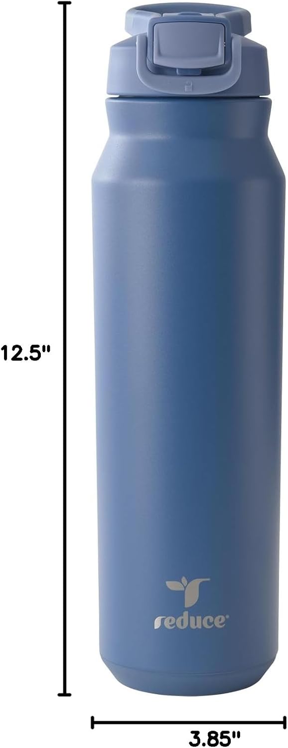 REDUCE 32 oz Hydrate Pro Stainless Steel Insulated Water Bottle - Flip Top Leak-Proof Lid, Dishwasher Safe, BPA-Free, Dual Wall Vacuum, Keeps Drinks Cold for 48 Hrs, Cup Holder Friendly - Mineral Blue