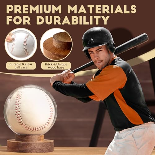 Image of JupDec Baseball Display Case, Round Clear Ball Holder with Wooden Base, Autograph Baseball Stand Box for Single Ball, Acacia Wood, Brown